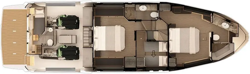 Layout of a luxury yacht interior, featuring two double beds, bathrooms, and a spacious lounge area with a kitchen.